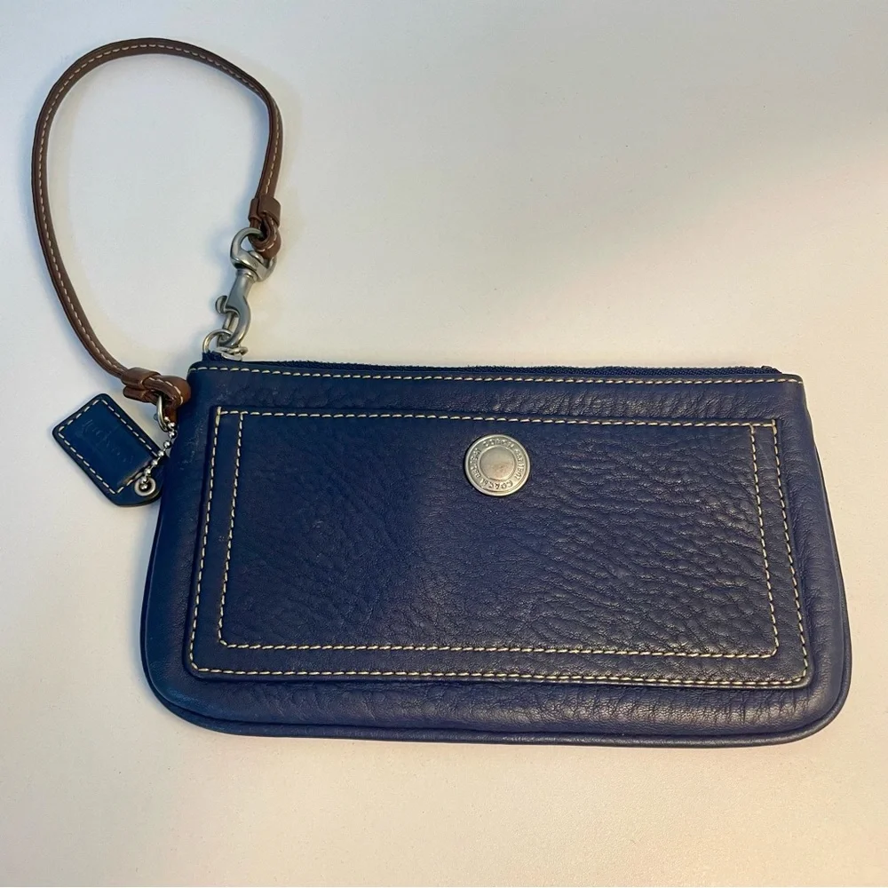 Coach Navy Brown Pebbled Leather Wristlet